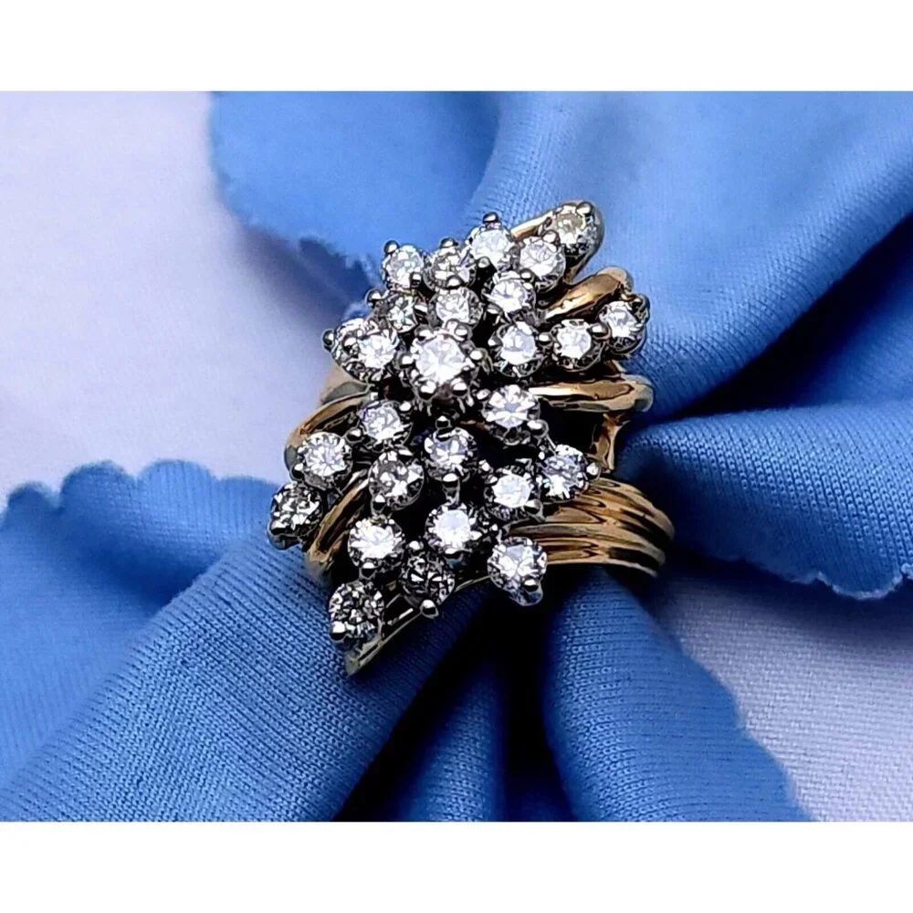 Unique 14K Karat Solid Yellow Gold Designer Round Diamond Cluster Ring - Size 6